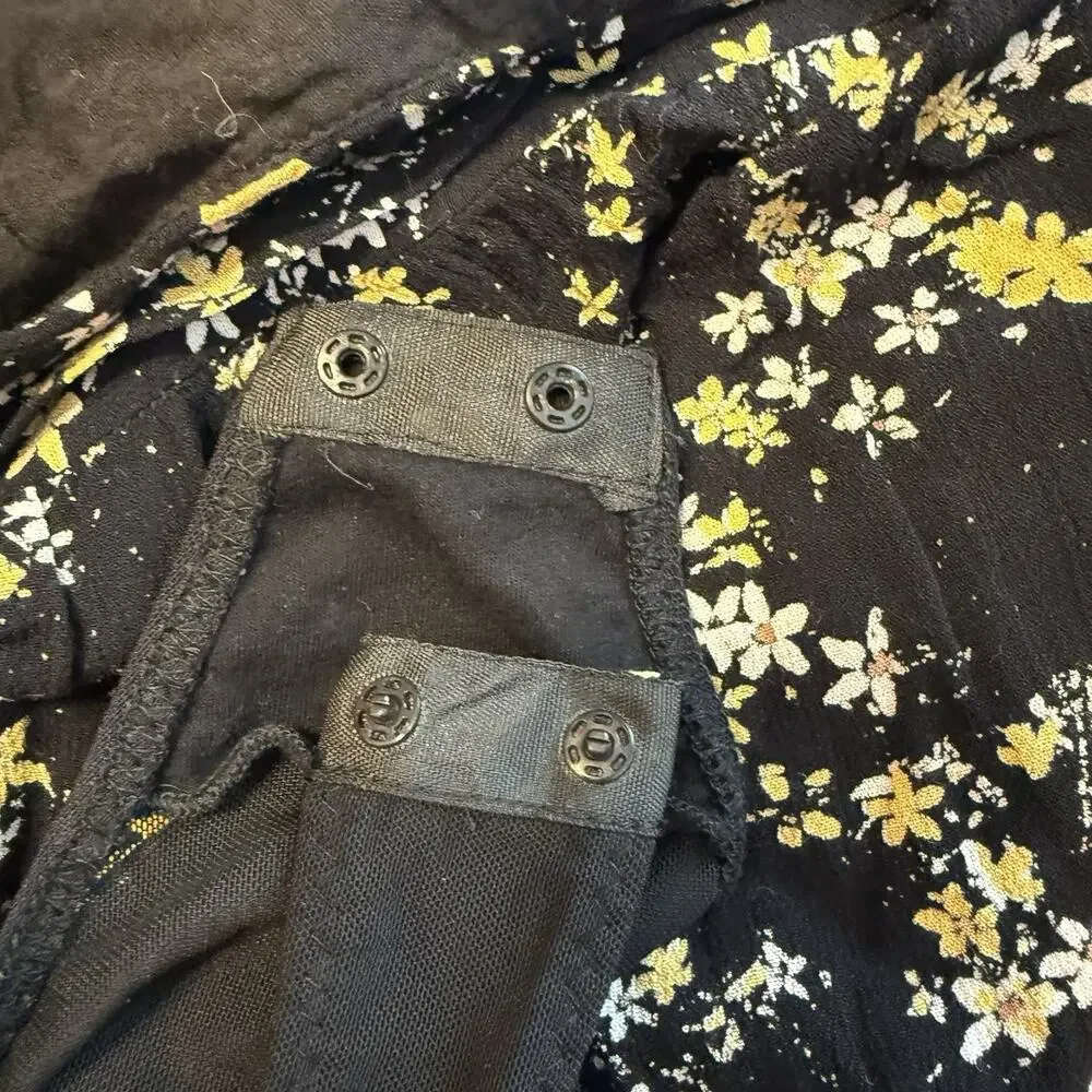 Free People Dessa Bodysuit Sz Small Black Ditsy Floral Puff Sleeve Mesh Tie Back